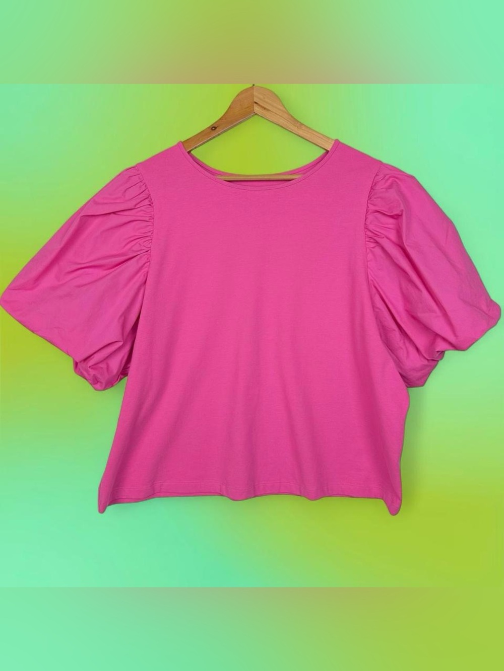 A New Day Boxy Short Puff Sleeve Cropped Fit Basic Poplin Tee Shirt Blouse Pink